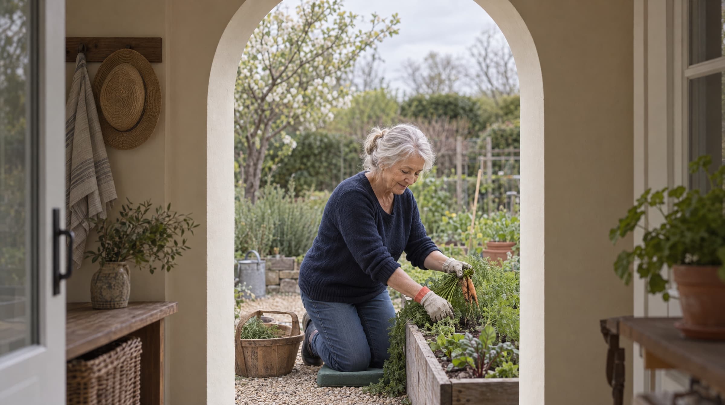 Kneeling at her raised garden bed through the open back door