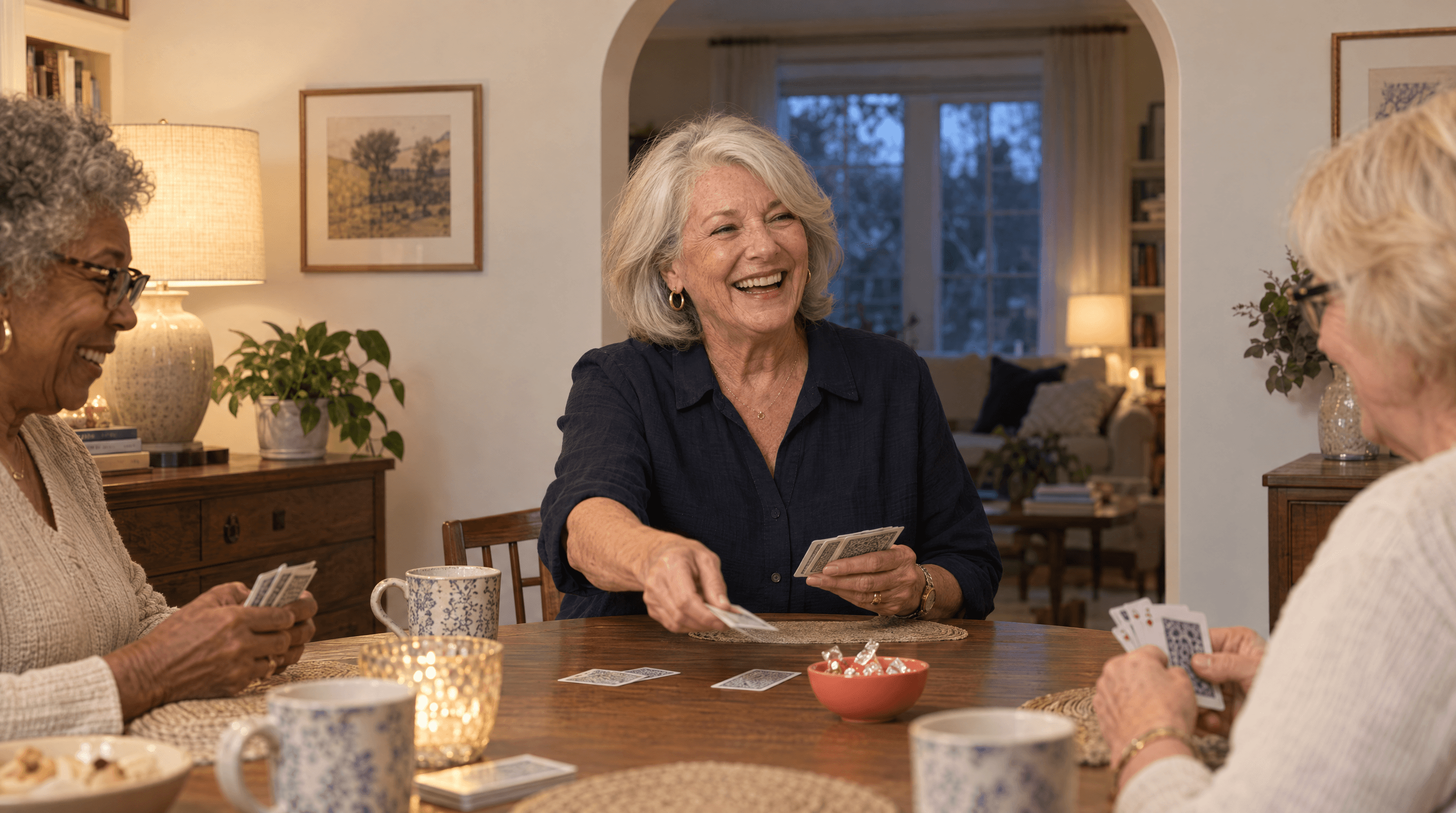 Friends laughing over a card game at her kitchen table