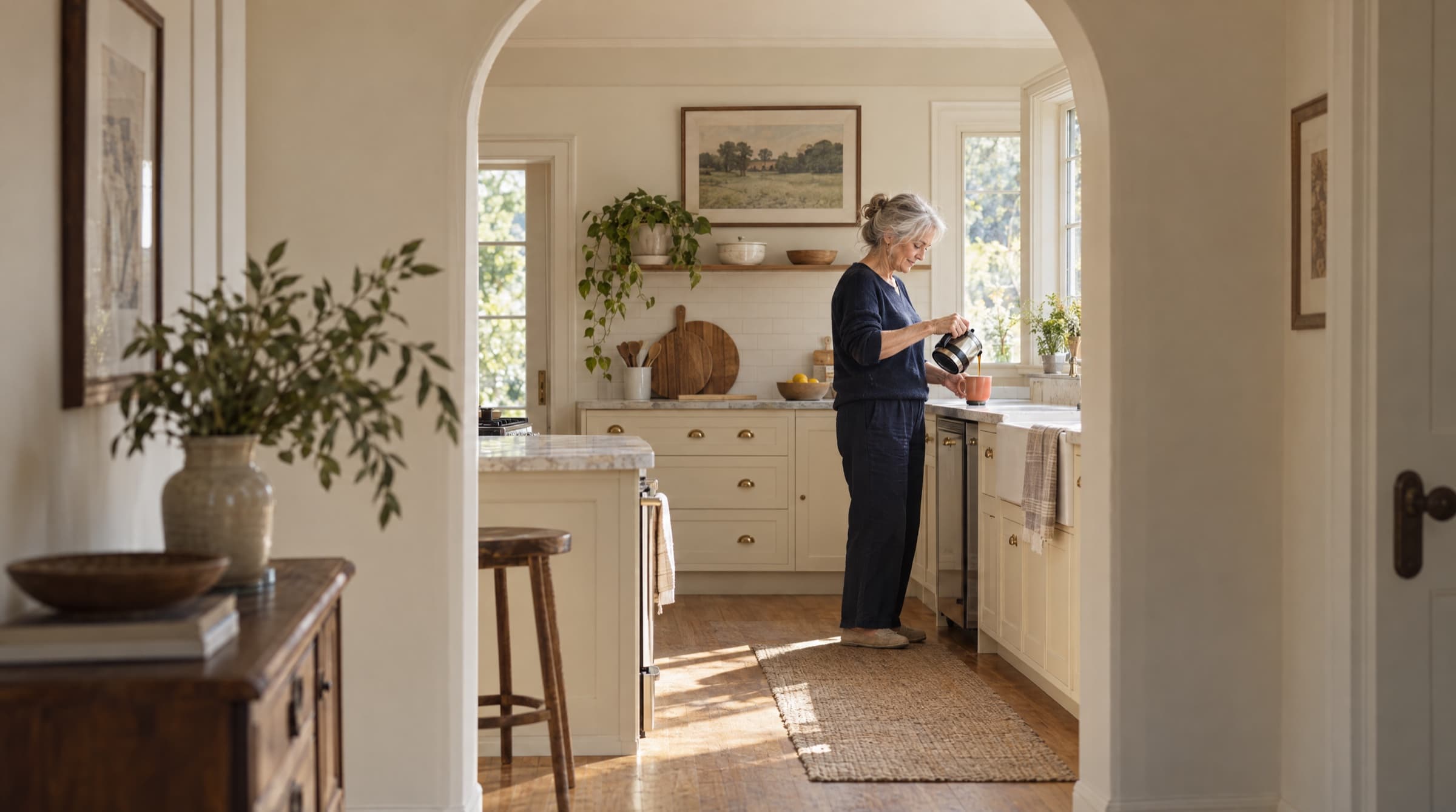 Her kitchen through an open doorway, morning light